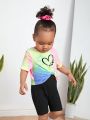 SHEIN Baby Girls' Casual Tie Front Short Sleeve Top With Tie-Dye Heart And Butterfly Pattern