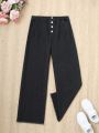 Big Girls' Basic Casual Black Washed Wide Leg Jeans With Elastic Waistband & Button Fly