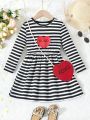 SHEIN Kids EVRYDAY Little Girls' Autumn Fashionable Striped Round Neck Long Sleeve Dress With Heart & Letter Print Design Plus Bag