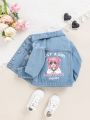 SHEIN Young Girl Cartoon Figure & Slogan Print Ripped Denim Jacket