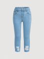 SHEIN Young Girls' New Light Blue Washed Distressed Foot-Mouthed Stretch Slim Fit Fashionable Denim Skinny Jeans