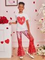 SHEIN Kids Cooltwn 2pcs/set Girls' Elegant Sparkly Heart Print Short Sleeve T-shirt And Flare Pants