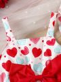 Baby Girl Heart Printed Dress With Bowknot Decoration And Straps