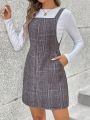 SHEIN LUNE Women'S Plaid Zipper Front Overalls Dress