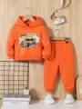 SHEIN Baby Boys' Sports Style Cartoon Car Pattern Hoodie And Long Pants Set