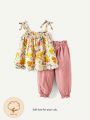 Cozy Cub Baby Girl Flower Printed Bowknot Strap Top And Solid Color Pants Set