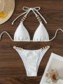 Triangle Bikini Set With Pearls And Rhinestone Decoration