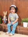 SHEIN Baby Girl's Casual Summer Floral Printed Short Sleeve T-Shirt And Butterfly Printed Flared Pants Set