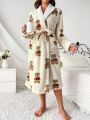 Bear Pattern Dual Pocket Belted Teddy Lined Hooded Robe