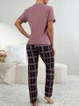 Color-Block Short Sleeve Top With Contrast Trim, Plaid And Floral Print Long Pants, Home Wear Suit