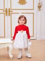 SHEIN Baby Girls' 3d Bear Knit Patchwork Tulle Flower Dress