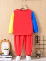 SHEIN Kids QTFun Young Boys' Cartoon Printed Color-Block Sweatshirt And Pants Set