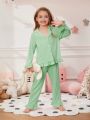 Girls' Sweet Ruffle Trimmed Two-Piece Open Front Pajama Set With Contrasting Stripe & Peter Pan Collar