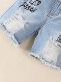 Toddler Boys' Vintage Street Style Washed Ripped Cute Bear Printed Frayed Hem Denim Shorts In Light Blue