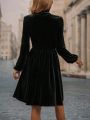 High Neck Shirred Detail Lantern Sleeve Dress