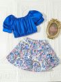 Baby Girl Elegant & Comfortable Bohemian Style Short Puff Sleeve Top And A-Line Skirt With Paisley Print Set