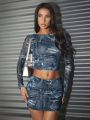 SHEIN BAE Ladies' Full Denim Mesh See-Through Back Long Sleeve Top And Low Waist Bodycon Pencil Skirt