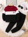 SHEIN Kids EVRYDAY Toddler Boys' Letter Print Color Block Long Sleeve Top And Pants Set For Autumn And Winter