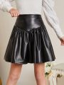 SHEIN Kids FANZEY Girls' Simple Pu Leather A-line Skirt, Loose & Casual Style