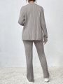 SHEIN Essnce 2pcs/set Ribbed Solid Knitted Sweater Cardigan Set