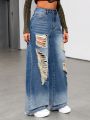 SHEIN ICON Wide Leg Jeans With Distressed Holes