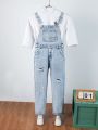 Boys' Denim Overalls With Distressed Finish, Suitable For Teenagers