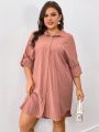 SHEIN Frenchy Plus Size Women's Striped Roll Sleeve Shirt Dress