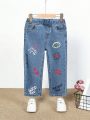 Little Girls' Casual And Cute Graffiti Print Elastic Waist Loose Straight Pants For Daily Wear