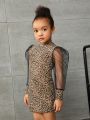 SHEIN Kids Cooltwn Toddler Girls Leopard Print Contrast Mesh Dress