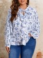 SHEIN Frenchy Plus Size Full Floral Print Blouse With Ruffled Neckline, Tie And Lantern Sleeves