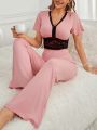 Contrasting Color Lace Decorated Flare Sleeve Top & Pants Pajama Set