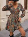 Paisley Print Surplice Neck Belted Dress