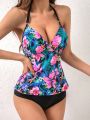 SHEIN DD+ Tropical Print Push Up Cami Vest And Triangle Briefs Bikini Set