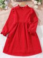 Girls' Thickened Red Dress With False Pocket And Pleated Hem Design