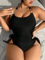 SHEIN Swim Chicsea Plus Size Solid Color One-Piece Swimsuit With Drawstring