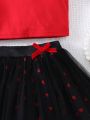 SHEIN Kids FANZEY Young Girls' Romantic Ladylike Solid Color Asymmetrical Neckline Top With Heart Print Tulle Skirt Set