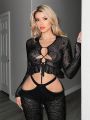 SHEIN ICON Lace Up Front Long Sleeve Cropped Blouse