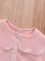 SHEIN Baby Girls' Knitted Doll Collar Jacket And Jeans Set, With Flare Pant Design