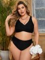 SHEIN Swim Chicsea Plus Size Women'S Solid Color V-Neck Bikini Swimsuit Set