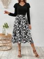 SHEIN VCAY Women's Ruffle Hem Long Sleeve Top And Plant Print Midi Skirt 2pcs/set