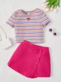 SHEIN Teen Girl Striped Heart Embroidery Lettuce Trim Tee & Wrap Hem Skort