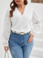 SHEIN Frenchy Plus Size Women'S Lantern Sleeve Shirt With V-Neck