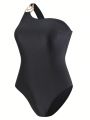 SHEIN Swim Chicsea Black One Shoulder One-piece Swimsuit