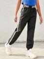 SHEIN Girls Letter Tape Panel Contrast Tape Pants