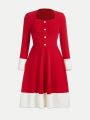 Teen Girls' Elegant Corduroy Splice Hem Pleated Dress With Button Front