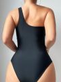 SHEIN Swim BAE Women'S Patchwork Mesh One-Shoulder One-Piece Swimsuit