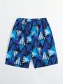 Boys' Blue Geometric Printed Drawstring Beach Shorts