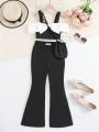 SHEIN Kids CHARMNG Young Girls' Color Block Butterfly Knot Decor Off Shoulder Top And Bell Bottoms Set
