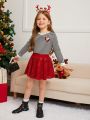 SHEIN Kids CHARMNG Young Girl Striped & Heart Print Tee & Sequin Skirt for Christmas