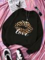 Teen Girl Letter & Lip Print Thermal Lined Sweatshirt